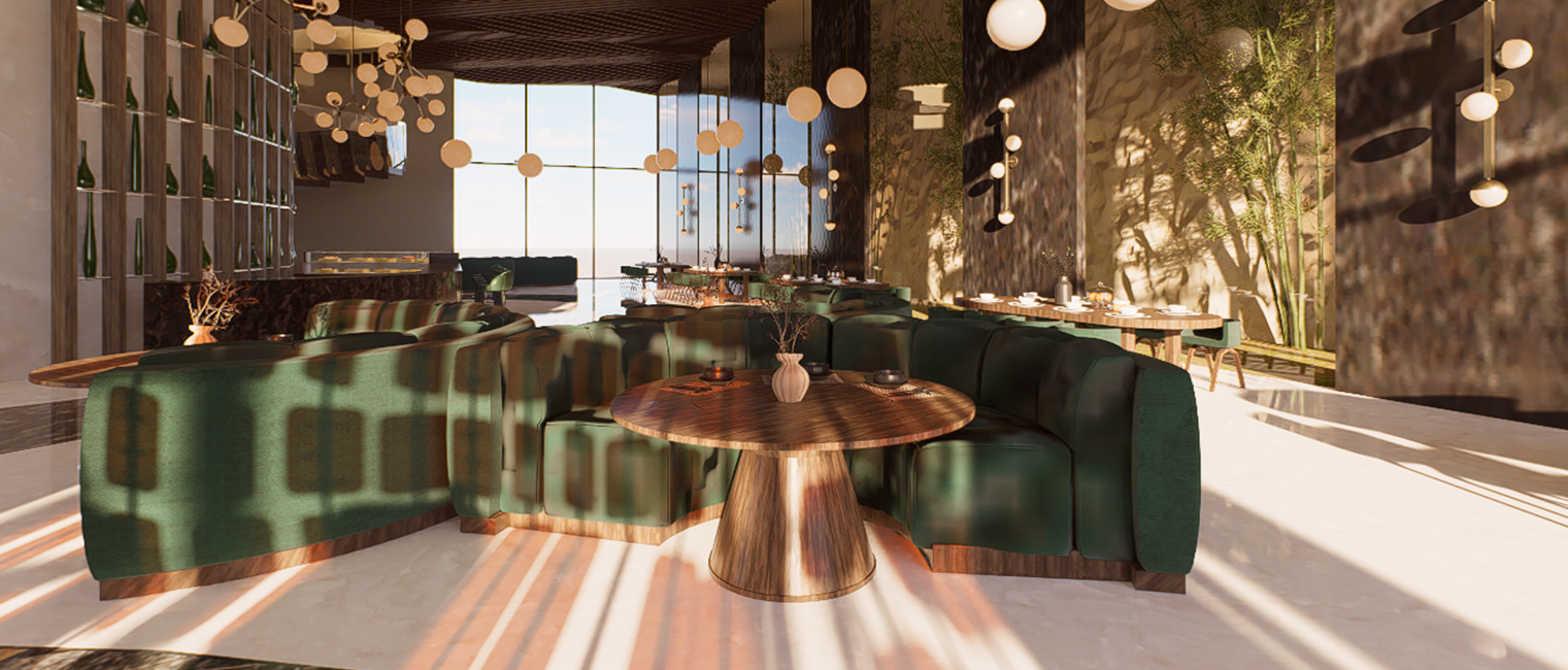 Modern restaurant interior with green velvet curved booths,