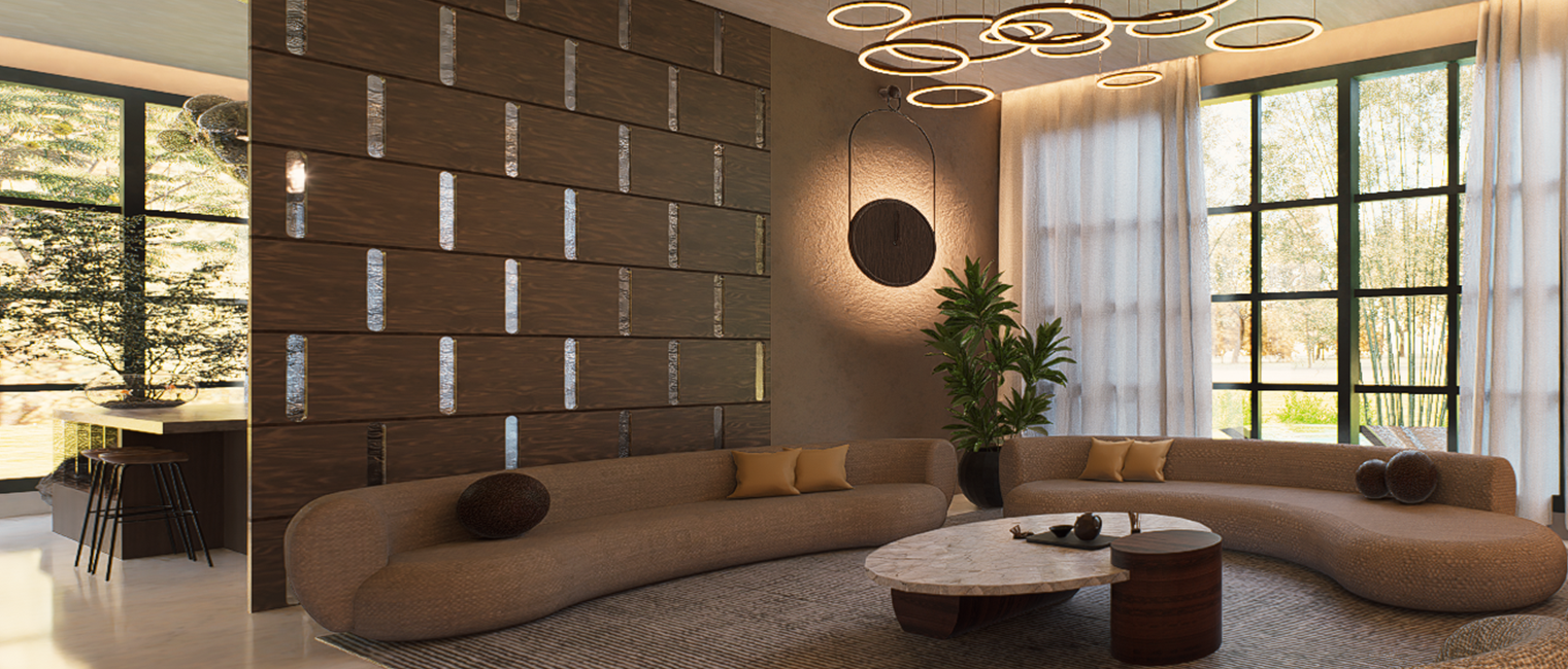 Modern living room with curved sofa, wood wall, and round ceiling lights.