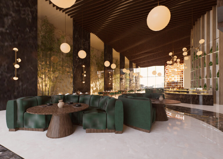 Modern restaurant interior with green booth seating
